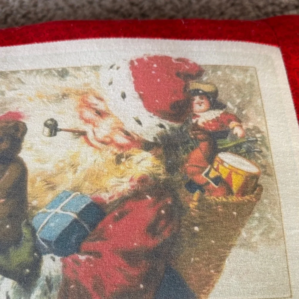 Festive Red Santa Holiday Pillow with Gold Trim